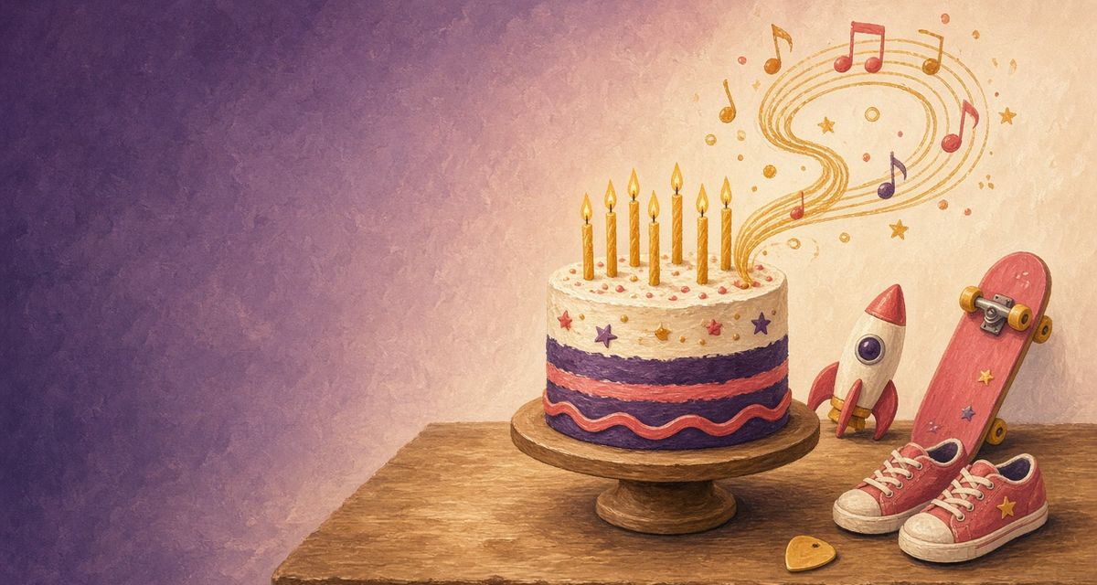 Painterly illustration of a birthday cake with lit candles, a toy rocket, a skateboard, and sneakers, with gold music notes rising from the cake. No people.