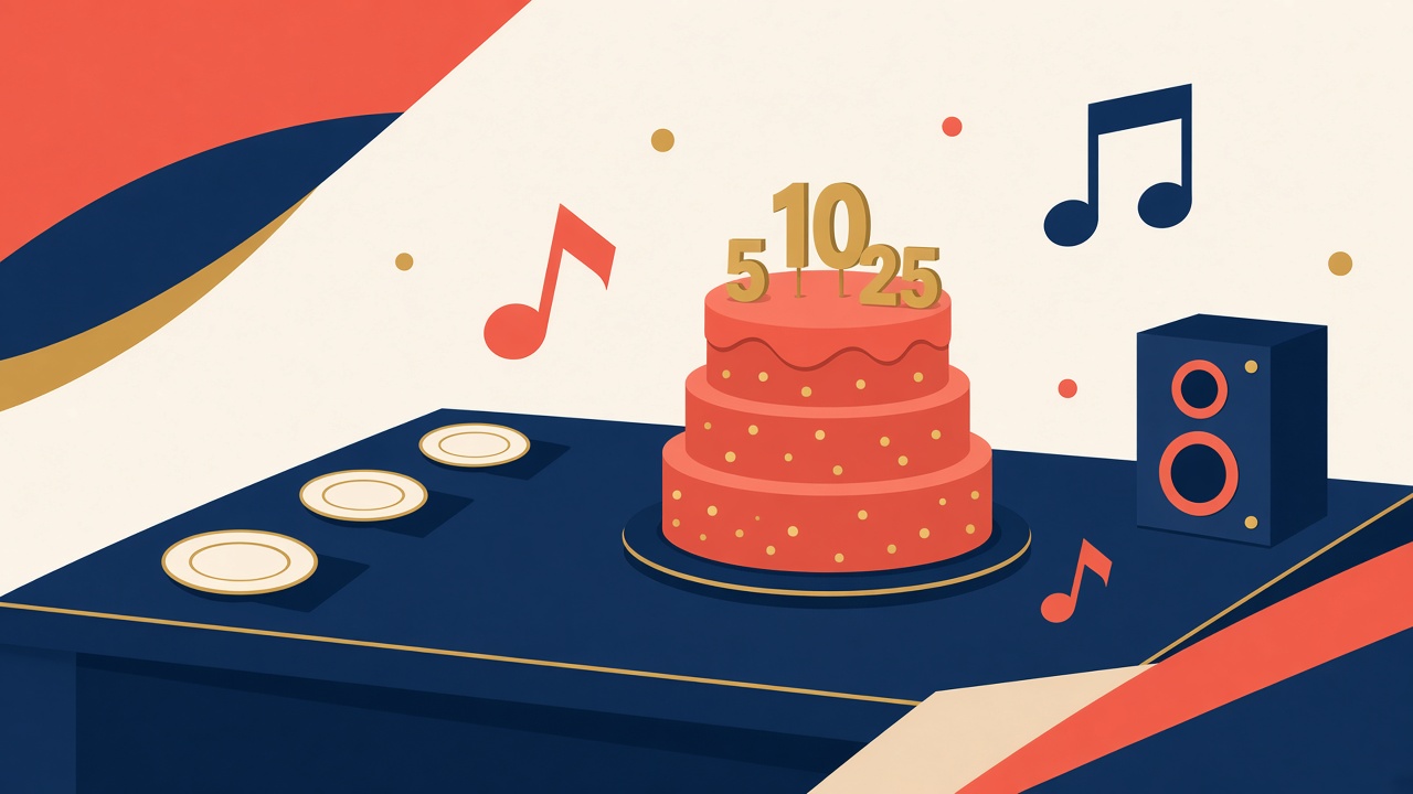 Flat graphic of a coral cake, gold numerals 5, 10, and 25, a speaker, and music notes on a navy table. No people.