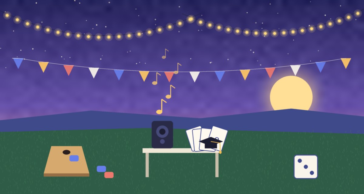 Illustration of a backyard graduation party at dusk: string lights, pennant bunting, a cornhole board, a speaker with gold music notes, trivia cards, a mortarboard, and a giant die on the lawn. No people.