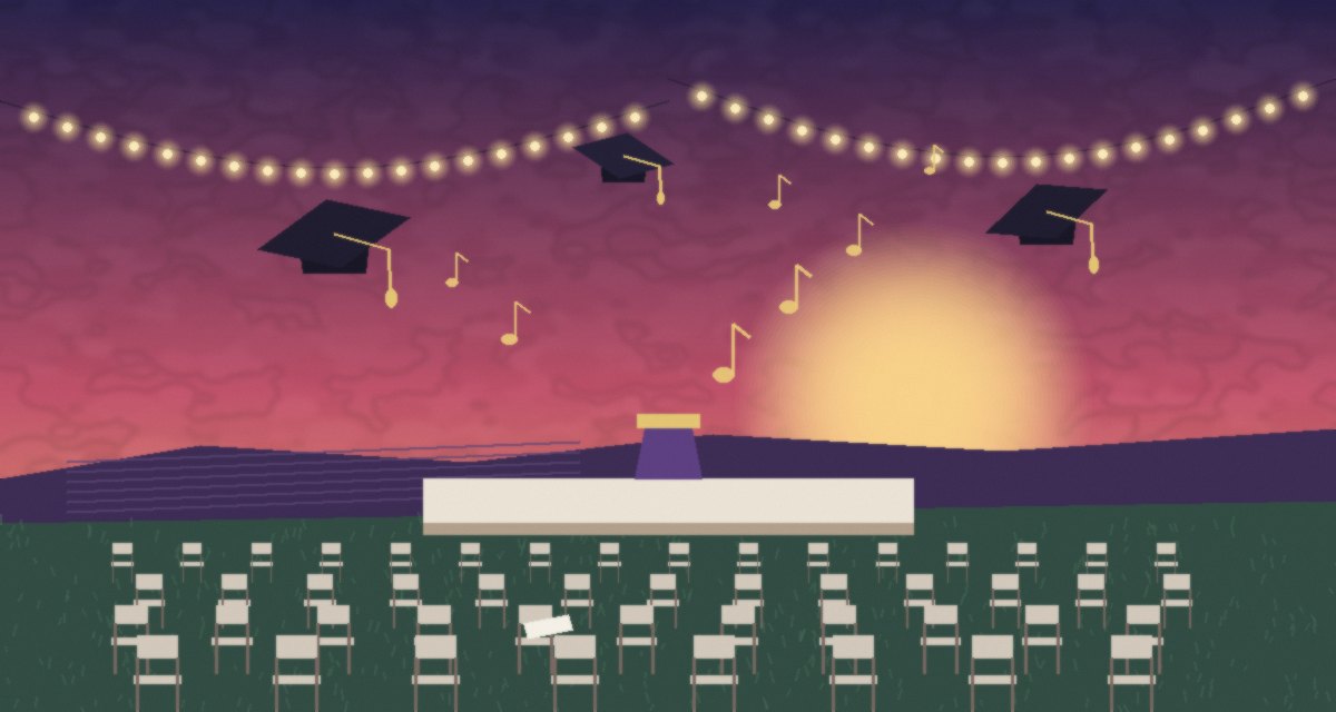 Painterly illustration of a graduation stage at dusk, rows of empty folding chairs, string lights, tossed caps, and gold music notes rising toward the sun. No people.